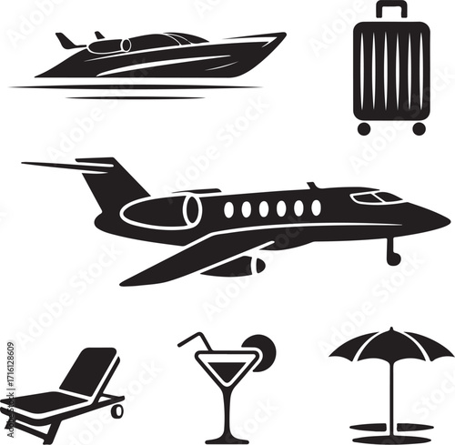 Jet, Yacht, Luggage, Relaxing Vacation Icons