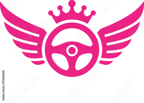 Pink Steering Wheel Crown Wings Graphic on White Background Isolated Vector Art image