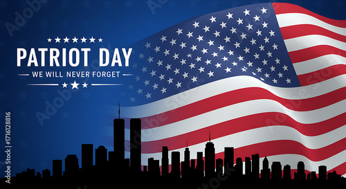 Patriot day remembrance with american flag and new york city skyline silhouette
