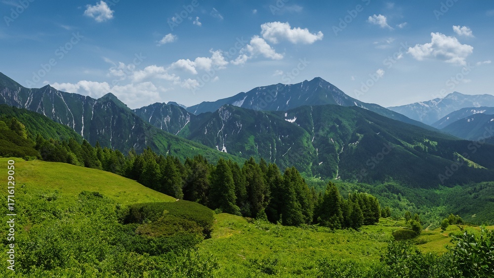 Fototapeta premium Alpine meadow with forest and peaks