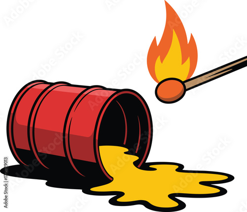 Red Barrel Spilling Yellow Liquid with Burning Matchstick on White Background image