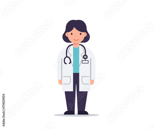 A flat design illustration of a female doctor wearing a white lab coat and stethoscope, standing against a white background.