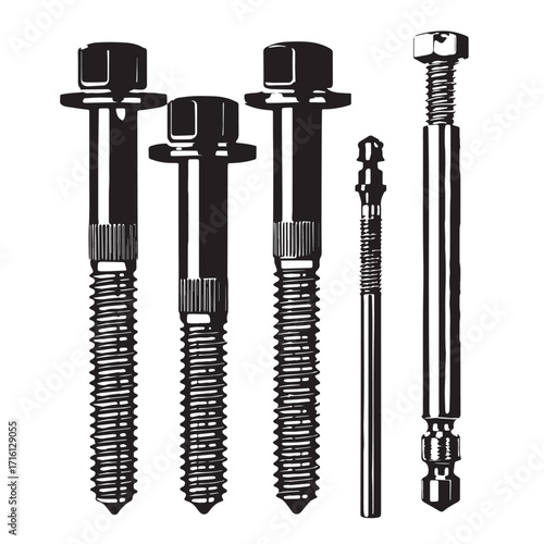 Black anchor bolts and installation tool Silhouette Vector, High Quality Illustration on White Background
