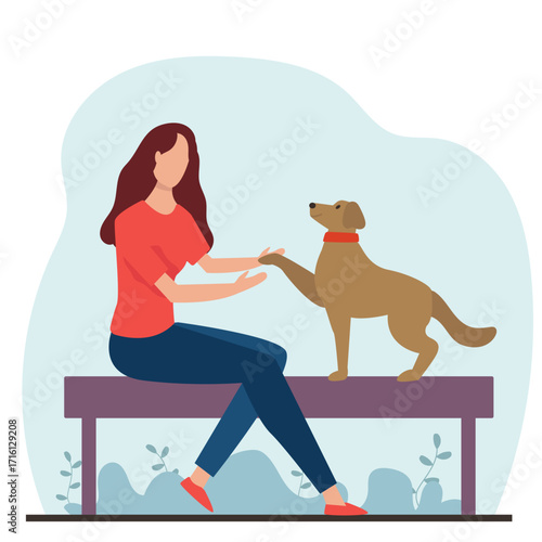 Young woman with cute dog. Happy Pet and owner spending time together. vector illustration