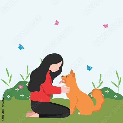 Young woman with cute dog. Happy Pet and owner spending time together. vector illustration