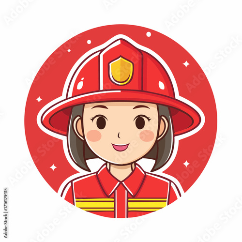 Cartoon illustration of a female firefighter wearing a red helmet and uniform.