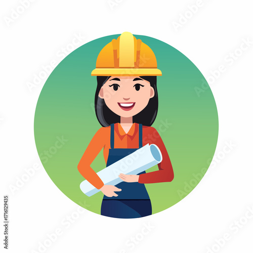 Illustration of a female construction worker holding blueprints, wearing a hard hat and overalls.