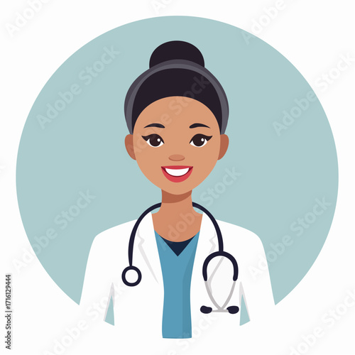 Illustration of a smiling female doctor with a stethoscope wearing a white coat.