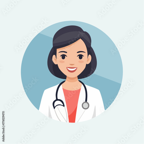 Illustration of a female doctor with a stethoscope around her neck, smiling.