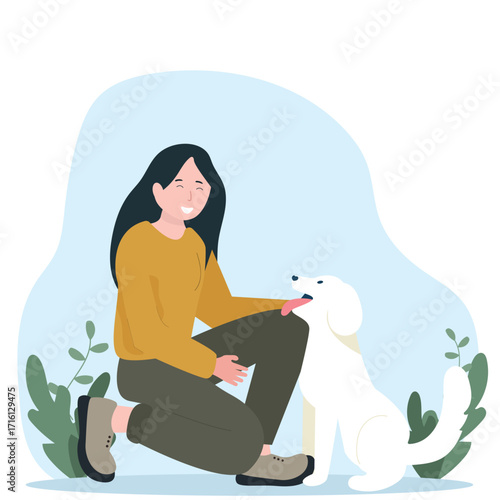 Young woman with cute dog. Happy Pet and owner spending time together. vector illustration