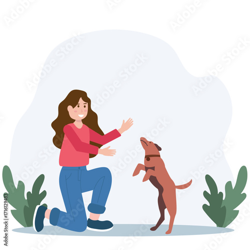 Young woman with cute dog. Happy Pet and owner spending time together. vector illustration