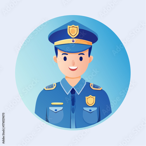 Illustration of a smiling police officer in uniform with a blue hat and badge.