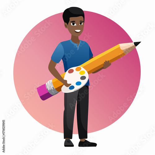 Cartoon man holding a large pencil and paint palette.