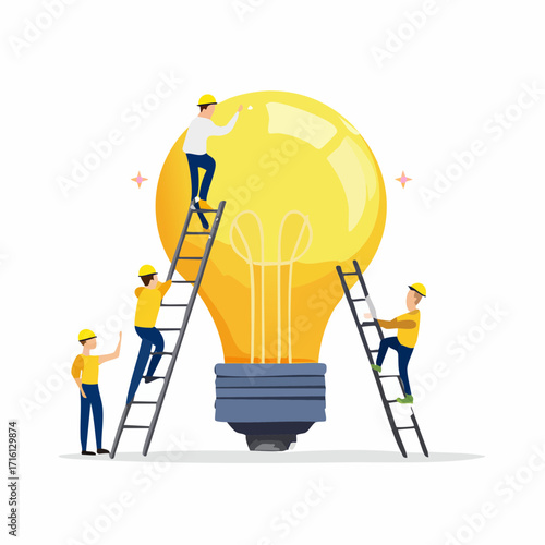 Teamwork constructing a giant light bulb with ladders, symbolizing innovation and collaboration.