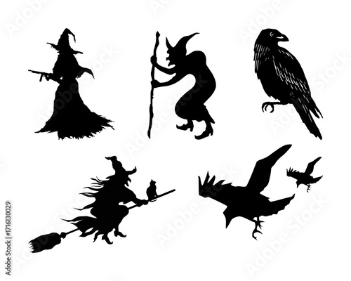 Collection of witch and raven silhouettes for Halloween design elements. Spooky vector set with a wicked witch flying on a broomstick and black birds