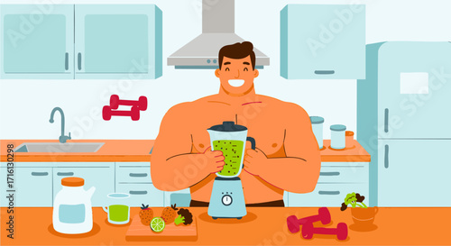 Healthy Lifestyle Man Preparing a Smoothie in a Modern Kitchen for Wellness and Fitness