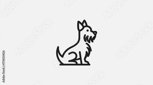 A minimalist line drawing of a small, fluffy dog sitting in profile view, facing right, with simple, clean lines and a slightly stylized appearance