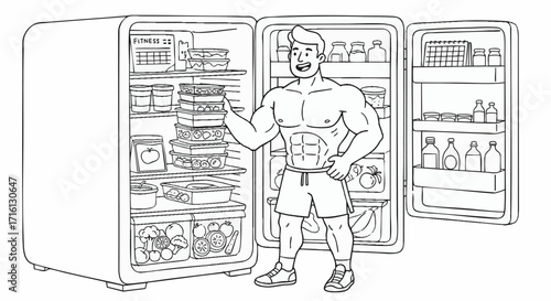 Healthy Eating Habits A Muscular Man Showing Off His Meal Prep from a Fully Stocked Refrigerator