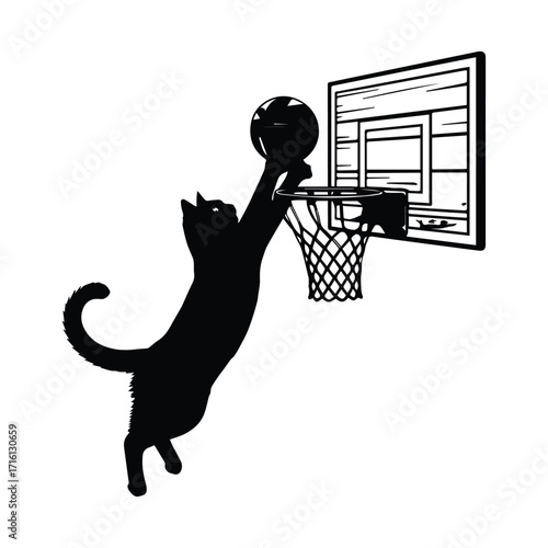 Playful black cat silhouette jumping to dunk a basketball on a hoop silhouette