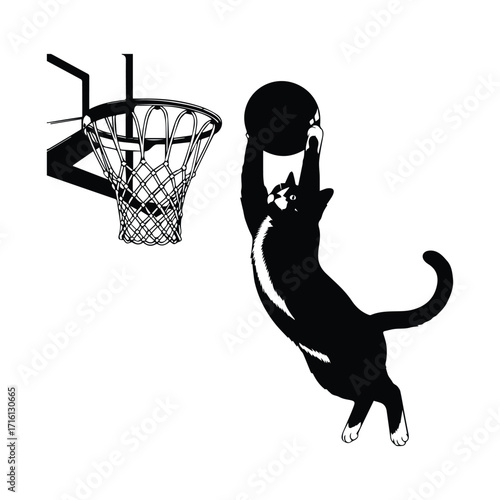 Black cat silhouette jumping and dunking a basketball into a hoop