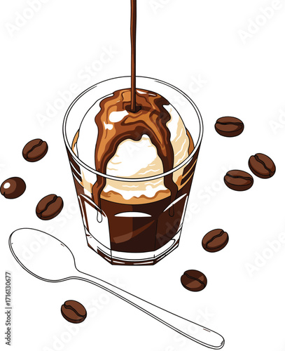 Vector Flat Lay of Affogato with Coffee Beans