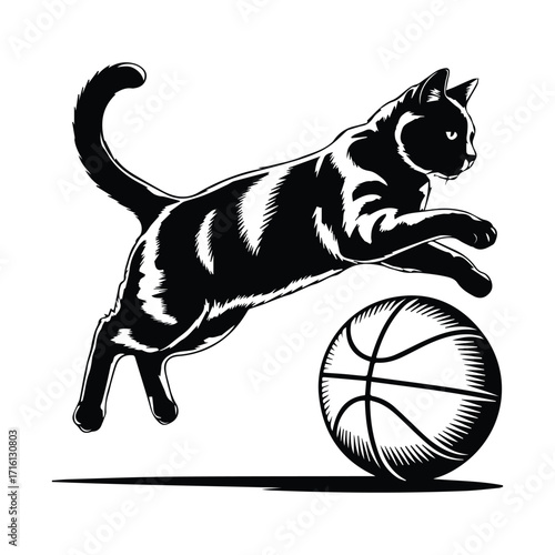 Agile black cat leaping over a basketball silhouette