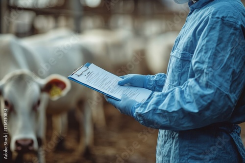 A person in blue protective clothing and gloves holds a clipboard with cows in the blurred background