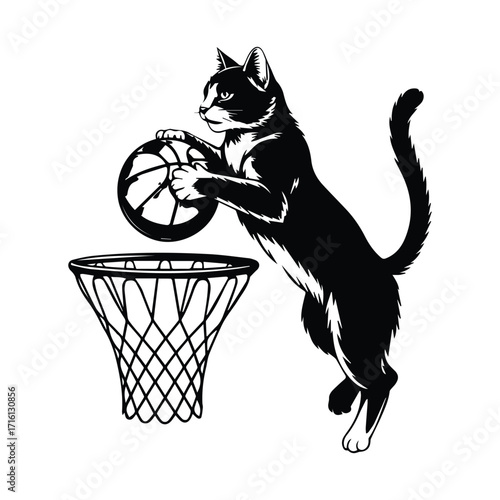 Playful black cat leaping to dunk a basketball into a hoop silhouette