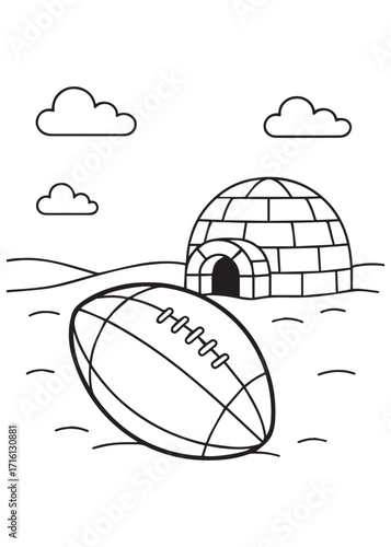 coloring book rugby ball lying near igloo in snowy cartoon landscape