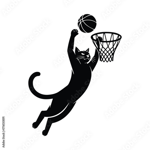 Black cat jumping to dunk a basketball into a hoop silhouette