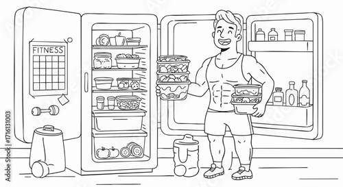 Fit Lifestyle Man with Healthy Food, Refrigerator, Fitness Calendar, Vector Illustration
