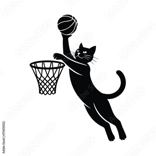 Black cat leaping to dunk a basketball into a net silhouette
