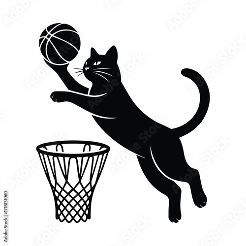 Playful black cat silhouette leaping to dunk a basketball into a hoop silhouette