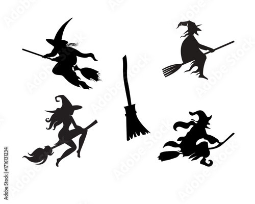 A collection of vector witch silhouettes flying on broomsticks, isolated on a white background for a spooky Halloween design or party invitation