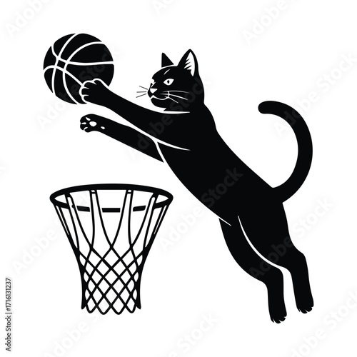 Playful black cat silhouette leaping to dunk a basketball into a net