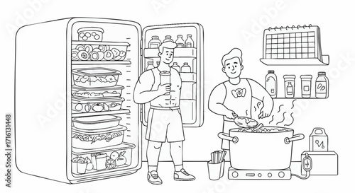 Healthy Meal Prep with Two Men Cooking in a Kitchen near a Refrigerator