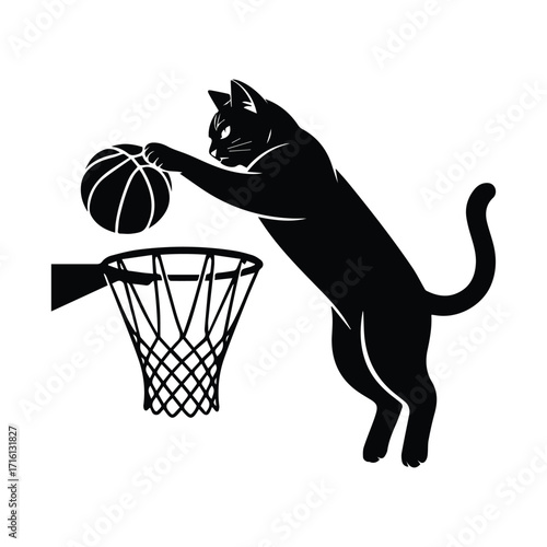 Dynamic black cat silhouette playing basketball and dunking silhouette