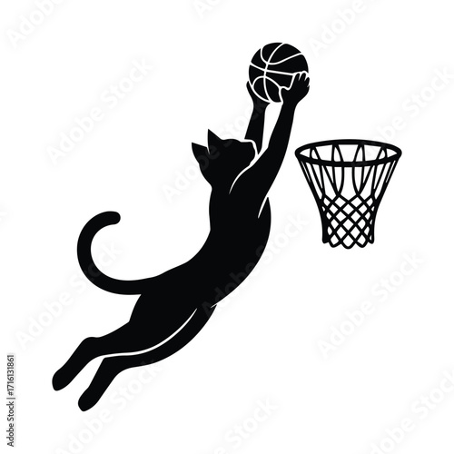 Dynamic black cat silhouette leaping to dunk a basketball into a hoop