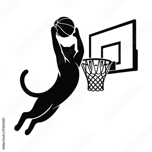 Playful black cat silhouette performing a dynamic basketball slam dunk silhouette