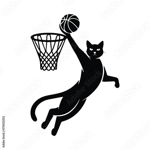 Dynamic black cat silhouette performing a slam dunk on a basketball hoop silhouette