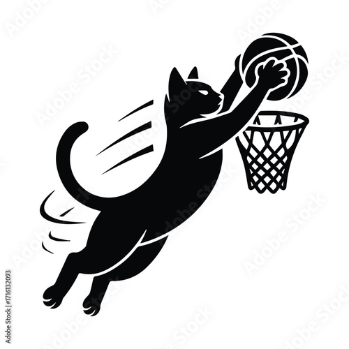 Black cat silhouette leaping to dunk a basketball into a net