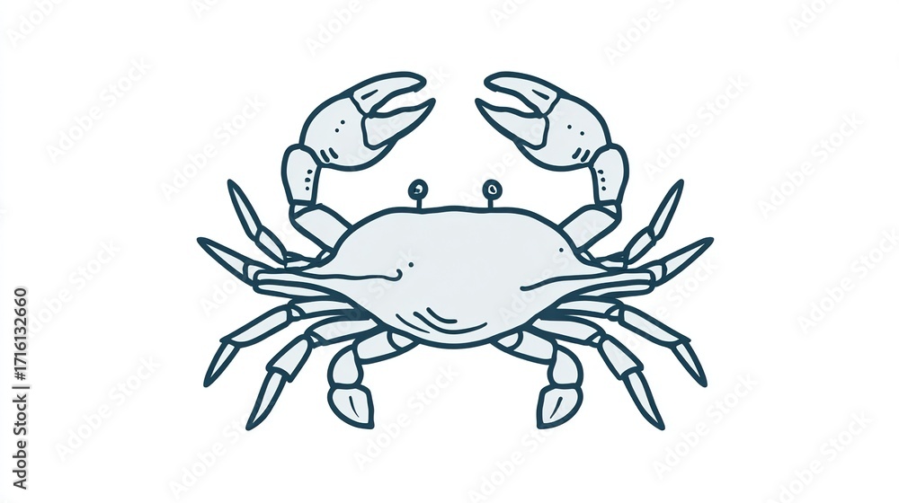 Fototapeta premium A stylized illustration of a crab, viewed from above, depicted in a monochromatic blue-grey palette with dark-blue outlines, showcasing its detailed claws and legs against a white background