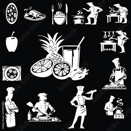 A collection of culinary and food preparation scenes featuring chefs cooking, slicing fruits, and serving dishes, along with fresh fruits and beverages arranged in an artistic layout