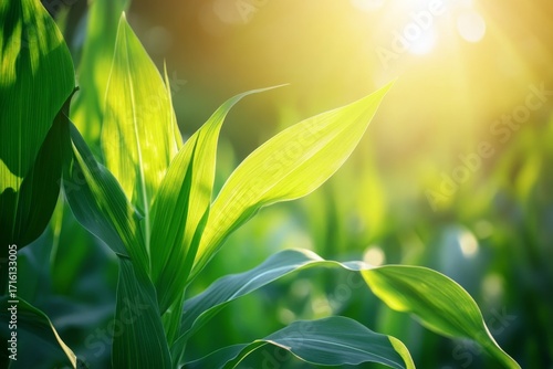 Close up of bright green corn leaves illuminated by warm sunlight with a soft bokeh background