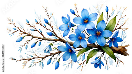 Watercolor Illustration of a Blooming Branch with Vibrant Blue Flowers and Buds against White Background springtime artwork