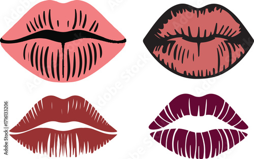 Stylized Set imprint Lip Icon Set 4 Vector Illustrations in Pink, Brown, and Purple with Textured Highlights for Fashion and Cosmetic. Realistic beautiful kiss. Different shapes female sexy lips