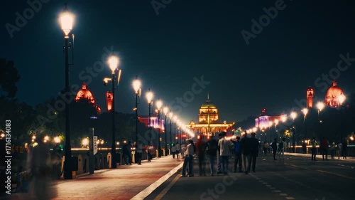 Fast Motion Shot of Illuminated Rashtrapati Bhavan Close Night Shot, Kartavya Path, New Delhi