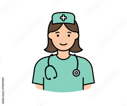 A flat design illustration of a doctor wearing a stethoscope and a medical cap with a cross symbol.