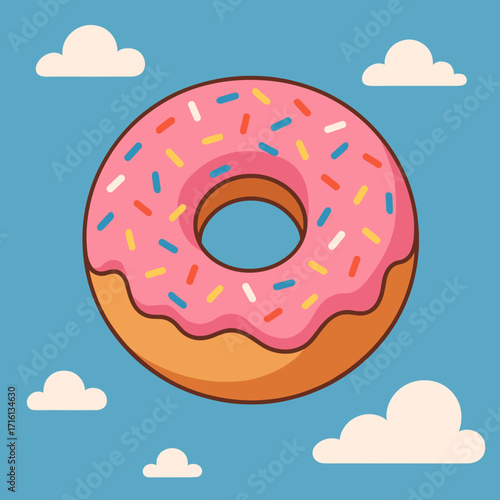 Colorful doughnut with pink frosting and sprinkles, cheerful design, sweet treat concept, fun atmosphere