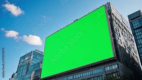 Large billboard with a green screen, on the modern building, busy crossroad with neon lights
